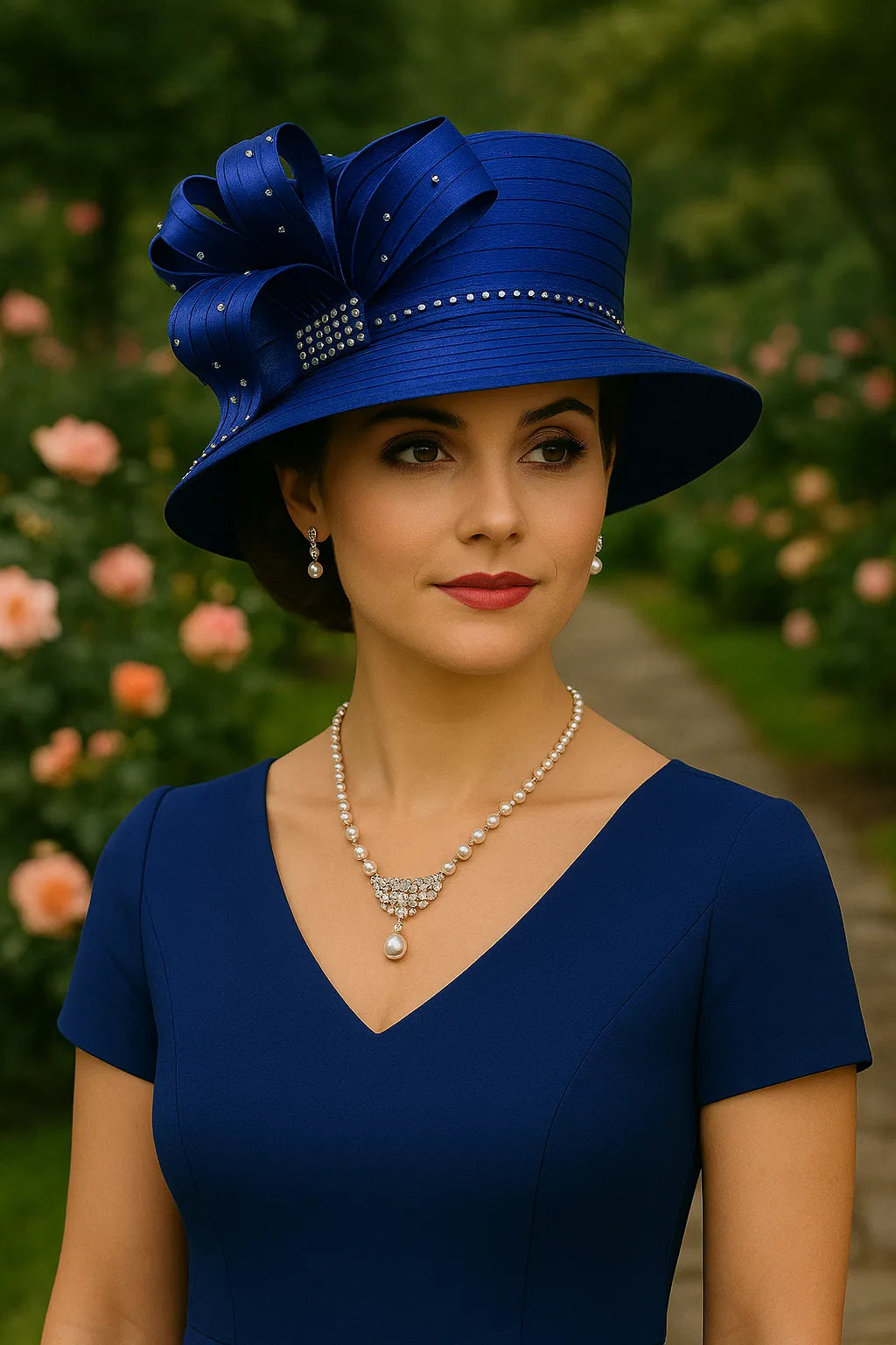 Stylish lady in a navy blue church hat adorned with rhinestones and a large ribbon bow, complemented by a matching dress and pearl necklace, ideal for church, weddings, or derby events.