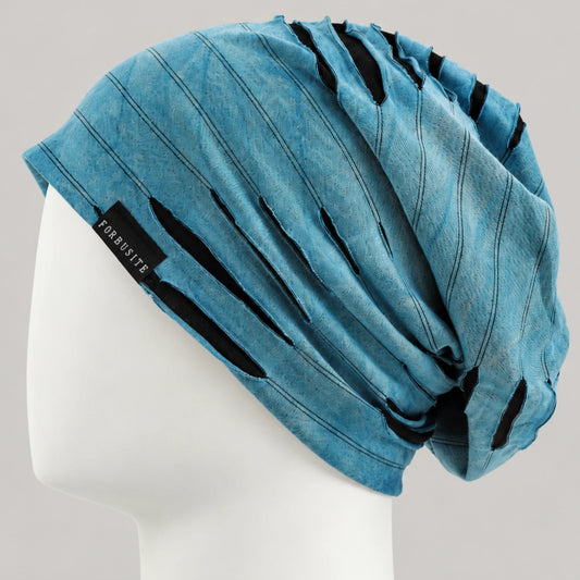 Blue distressed lightweight slouchy beanie with cutout details and relaxed fit