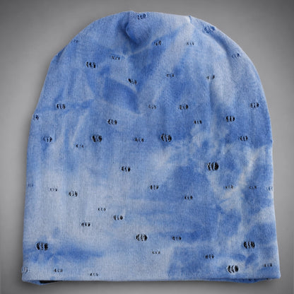 Blue distressed lightweight slouchy beanie B407 with soft stretch fabric, long back drape and breathable all season comfort