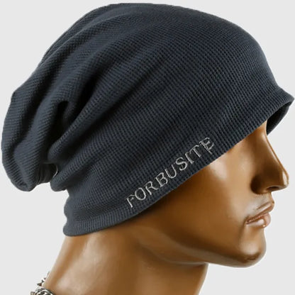 Blue gray slouch beanie hat with embroidered FORBUSITE logo, breathable cotton for everyday wear