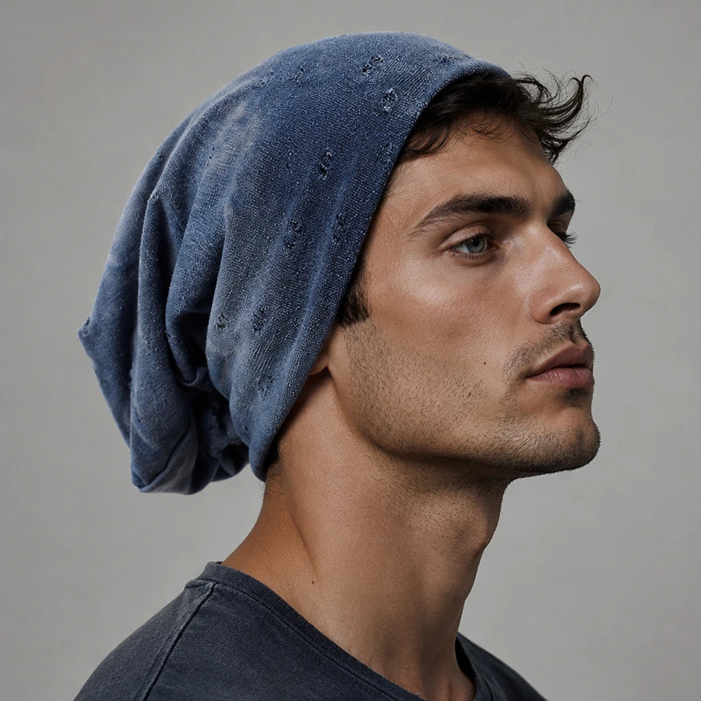 Blue grey slouchy beanie on male model, showing long oversized back drape, distressed texture and relaxed street style