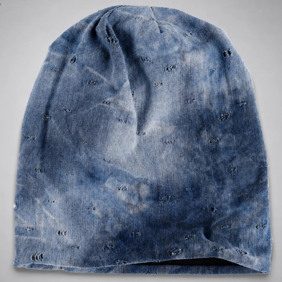 Blue grey tie dye slouchy beanie hat with distressed texture, lightweight stretch fabric and long relaxed fit for men and women