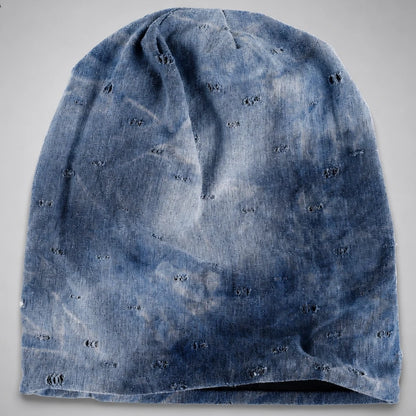 Blue grey tie dye slouchy beanie hat with distressed texture, lightweight stretch fabric and long relaxed fit for men and women