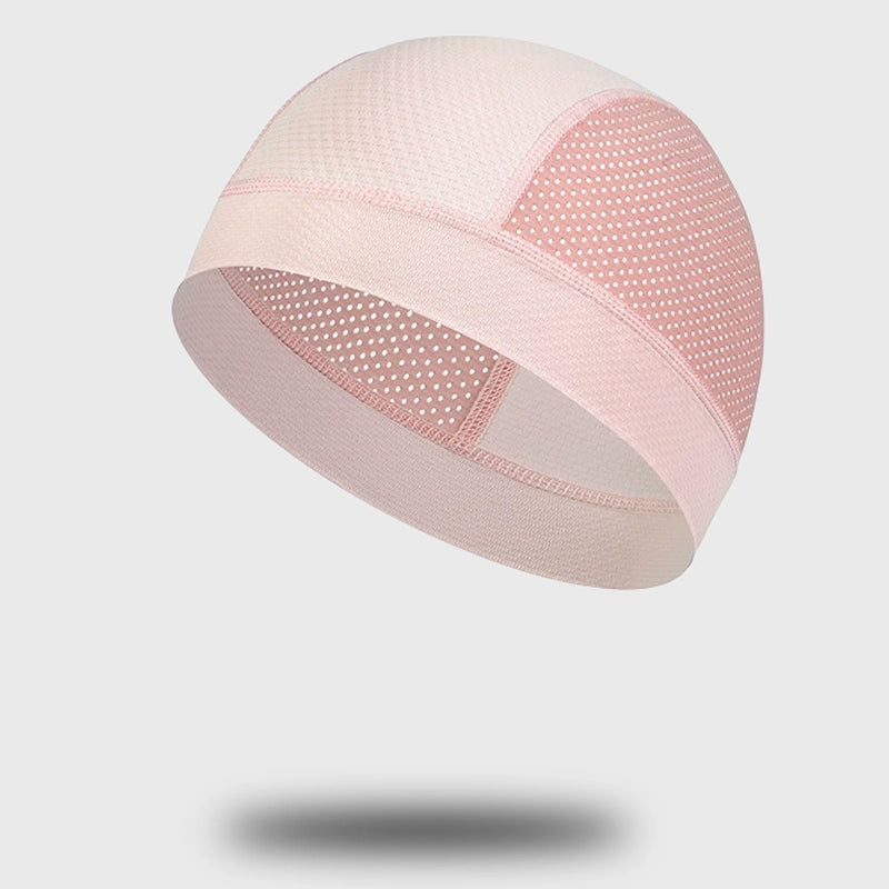 Pink breathable sport beanie for athletic performance, with sweat-wicking mesh for comfort.
