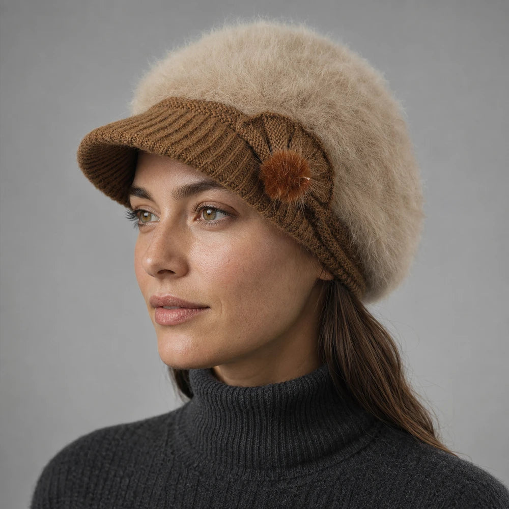 Woman wearing a brown angora-blend knit visor beanie with fleece lining