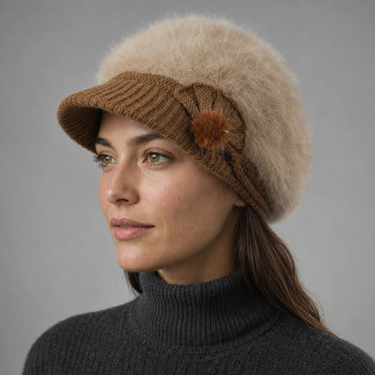 Woman wearing a brown angora-blend knit visor beanie with fleece lining