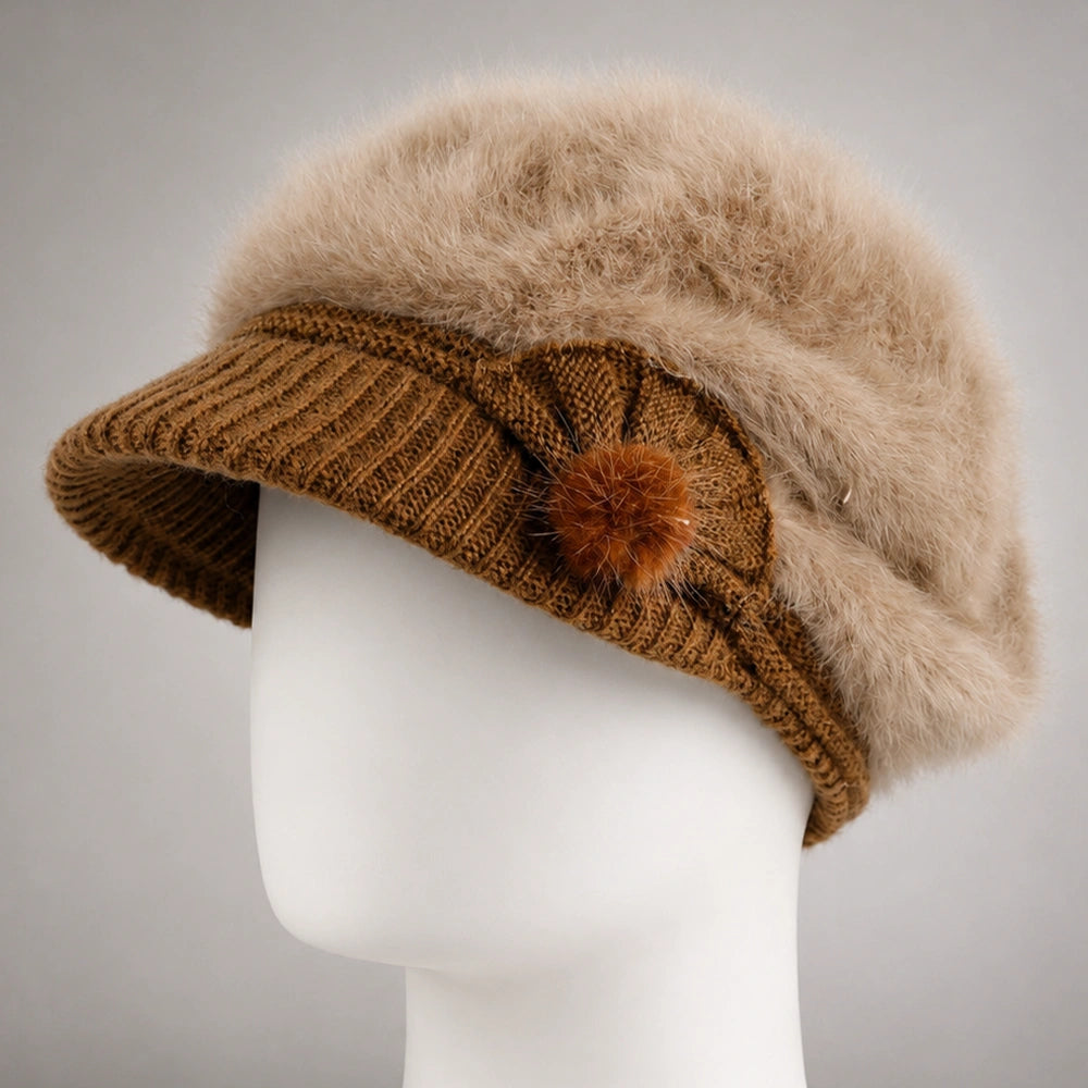 Brown women’s angora-blend knit visor beanie with fixed side detail