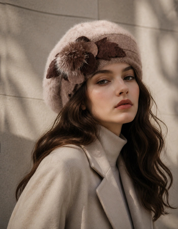 Brown angora wool beret with soft flower detail for warm winter look