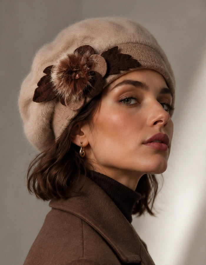 Brown angora wool beret with floral accent for vintage inspired winter outfit