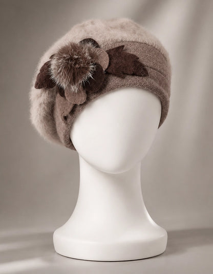 Brown angora wool beret hat with flower accent for women winter outfits