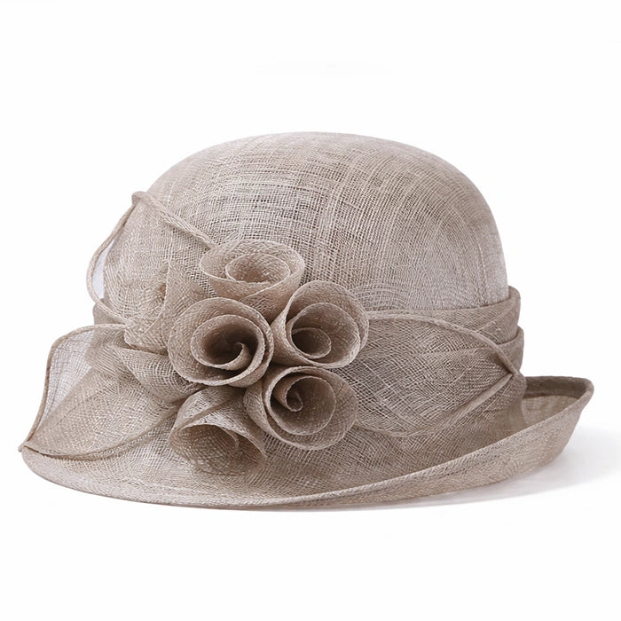Elegant brown cloche sinamay hat with a flower accent, perfect for church services, formal ceremonies, and garden parties.