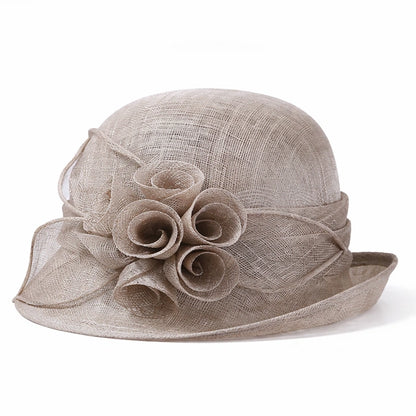 Elegant brown cloche sinamay hat with a flower accent, perfect for church services, formal ceremonies, and garden parties.