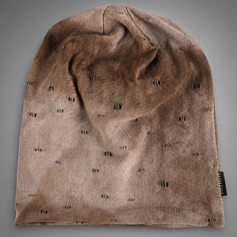 Brown distressed slouch beanie cap B407 with oversized baggy shape, soft elastic fabric and all year casual streetwear look