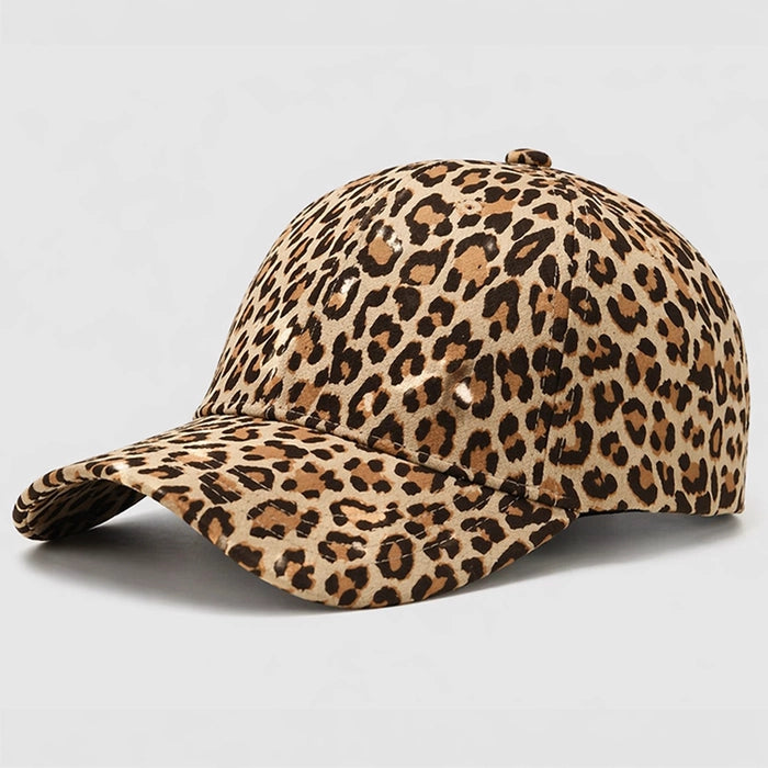 Brown leopard print baseball cap with adjustable fit. Wild animal pattern for a unique, casual style.