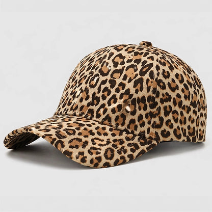 Brown leopard print baseball cap with adjustable fit. Wild animal pattern for a unique, casual style.