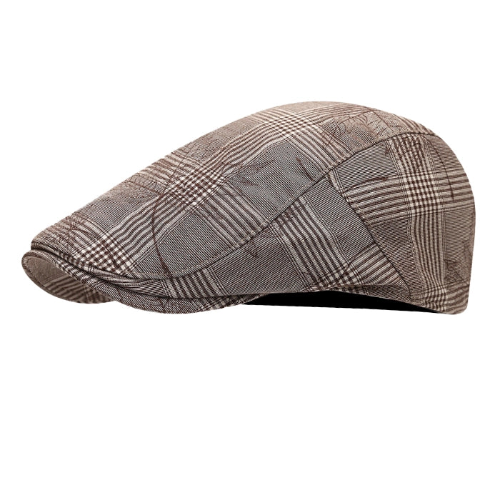 Brown plaid flat cap with ivy design and adjustable fit, showcasing a textured checkered pattern for a stylish, casual look.