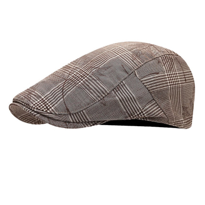 Brown plaid flat cap with ivy design and adjustable fit, showcasing a textured checkered pattern for a stylish, casual look.