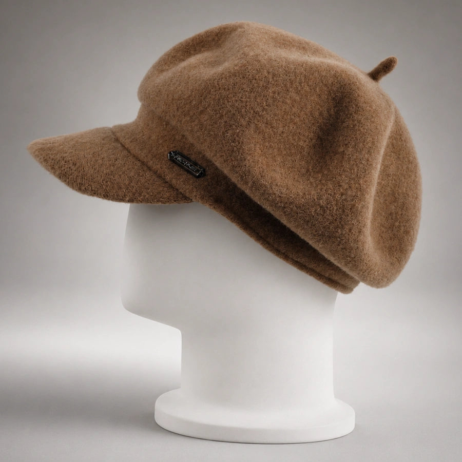 Side view of brown wool newsboy cap showing soft rounded crown
