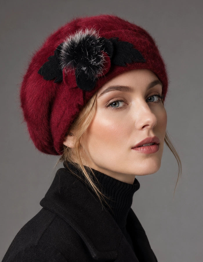 Burgundy angora wool beret with floral accent for women’s elegant winter wear