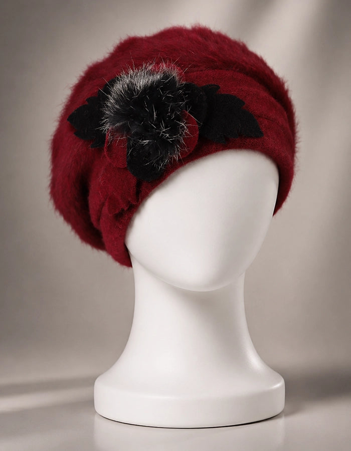 Burgundy angora wool beret with flower accent for church and winter outfits
