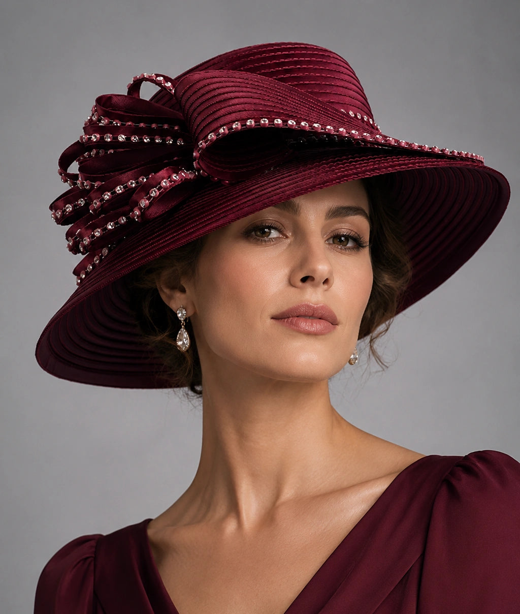 Burgundy church hat with wide brim rhinestone bow worn by woman for Sunday service