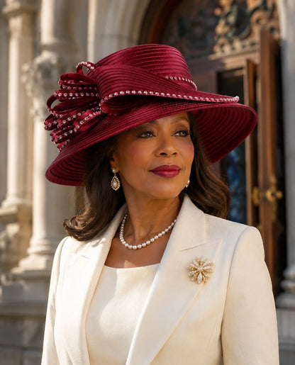 Burgundy church hat with wide brim rhinestone bow worn by woman for Sunday service outfit