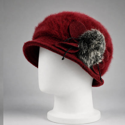 Burgundy women’s Angora cloche hat with flexible brim and fixed side flower