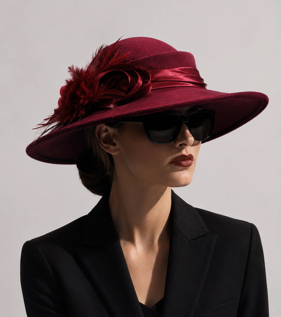 Elegant woman wearing a burgundy wool church hat with feather trim and black sunglasses, luxury wide brim women’s hat in minimalist studio fashion portrait style.
