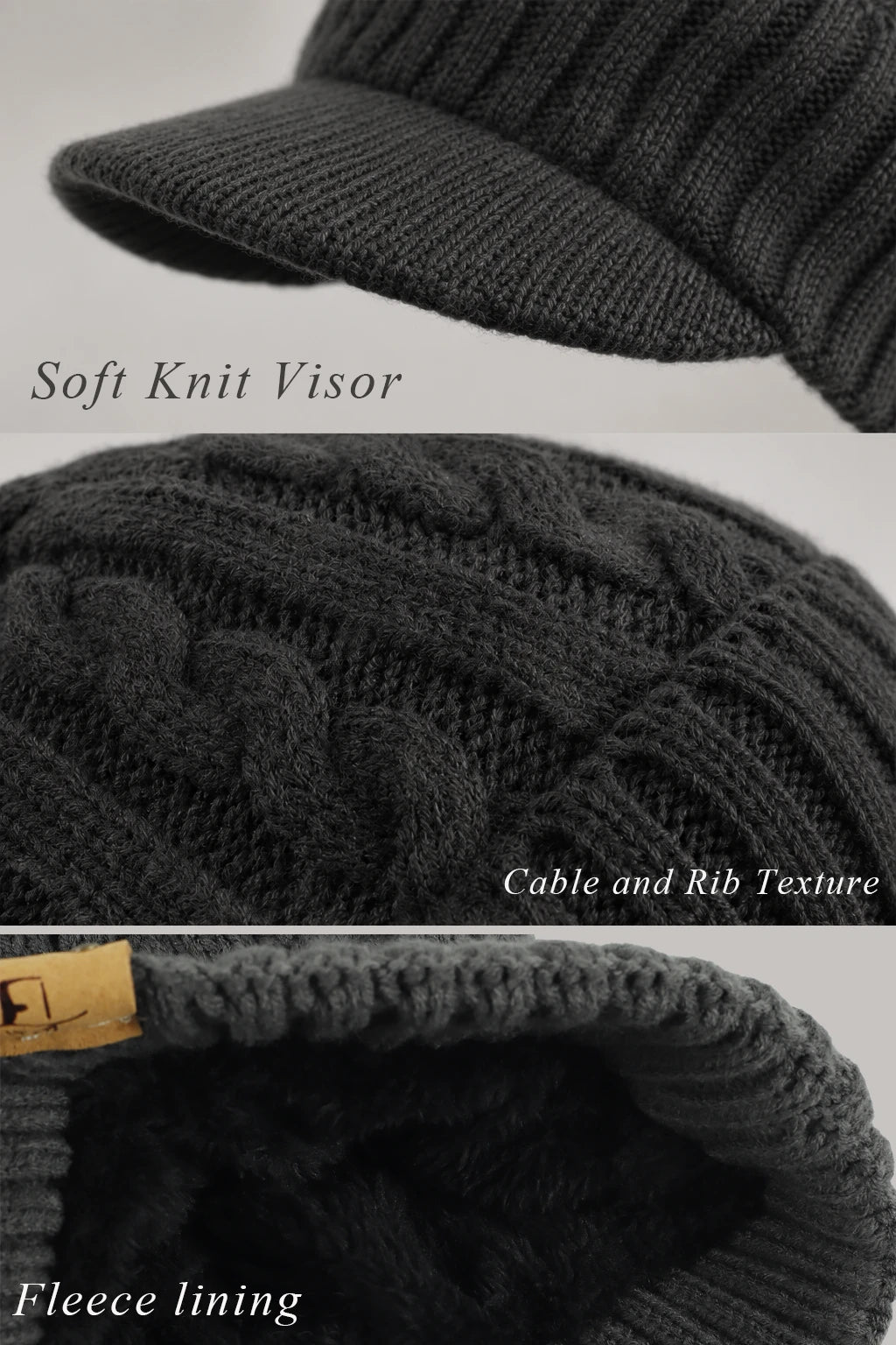 Close-up views of the soft knit visor, cable-and-rib texture and black fleece lining.