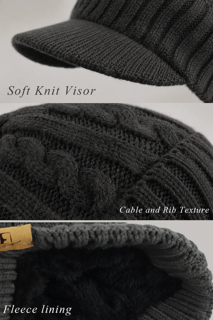 Close-up views of the soft knit visor, cable-and-rib texture and black fleece lining.