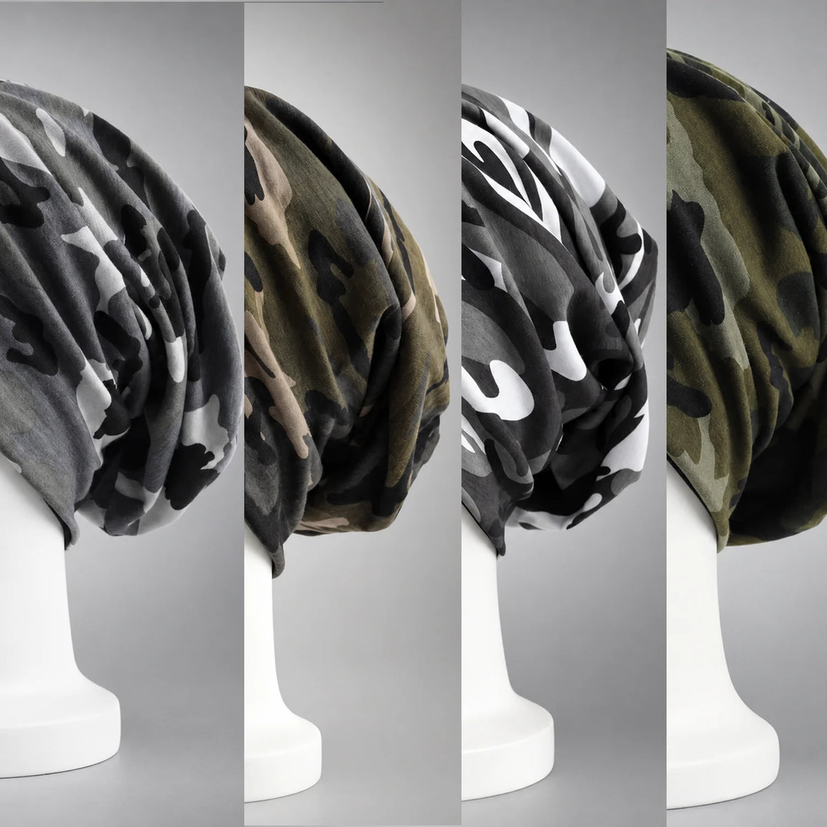 Four B076 camo slouchy beanie color options shown side by side