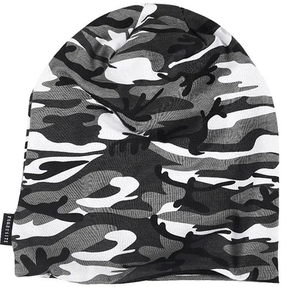 Black white gray camo slouchy beanie hat, lightweight cotton beanie for men and women, soft and breathable oversized fit
