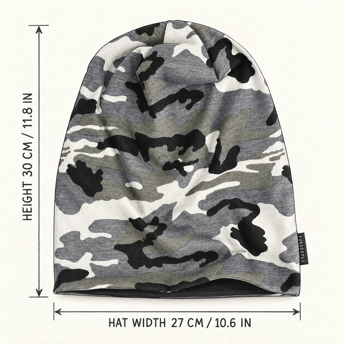 B076 camo slouchy beanie flat measurements, 11.8 inches high and 10.6 inches wide
