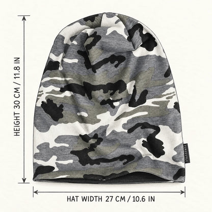 B076 camo slouchy beanie flat measurements, 11.8 inches high and 10.6 inches wide