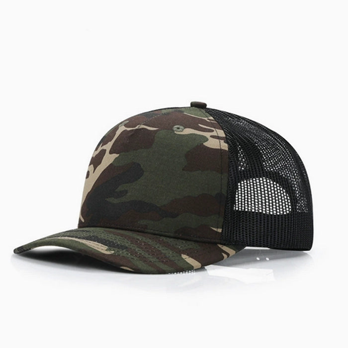 Camouflage trucker cap with mesh back for a rugged and outdoorsy look.