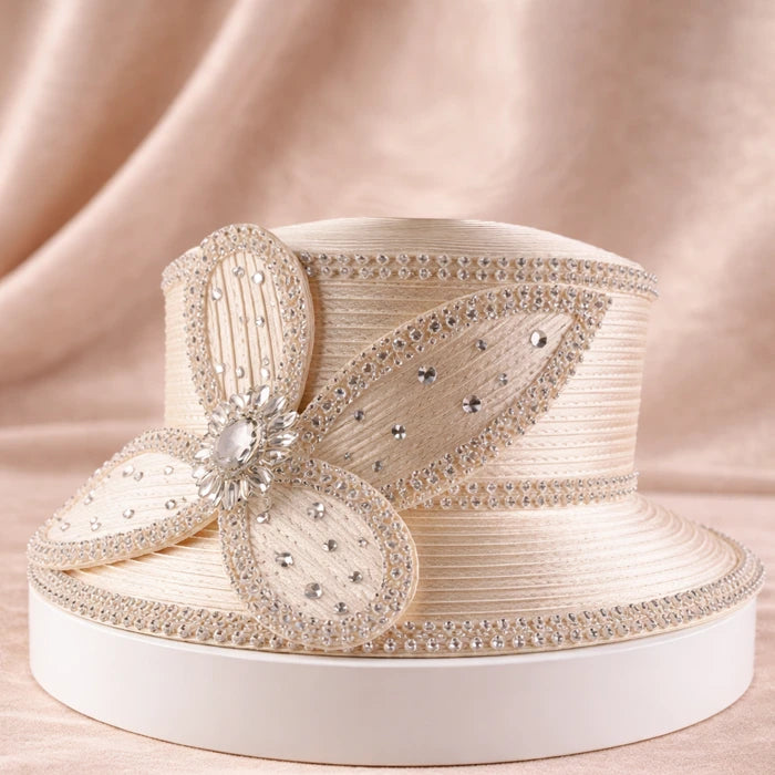 Champagne church hat with crystal detailing, ideal for church services and special events, by FORBUSITE.
