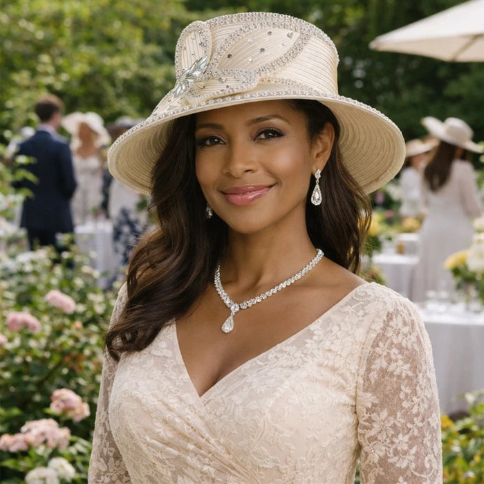 Champagne church hat with crystal flower embellishments, perfect for formal events and weddings, designed by FORBUSITE.