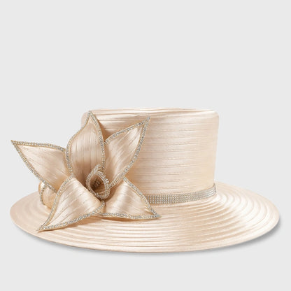 Elegant champagne church hat with a decorative flower accent, ideal for weddings, church services, and formal events.