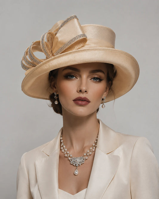 Elegant woman wearing champagne church hat with rhinestone ribbon details, sophisticated women’s Sunday hat for church and formal occasions
