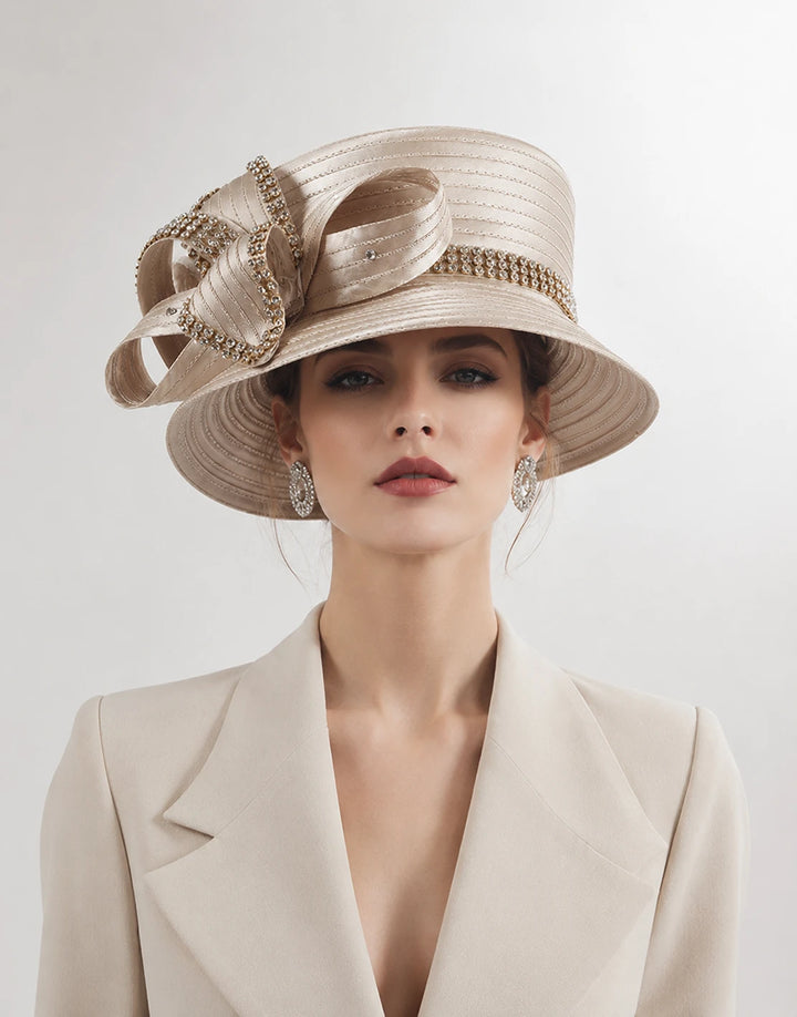 women's dress hats for church Ladies Tan Satin Ribbon Hat/Shenor Collections this hat is sure to turn heads Formal Church Hats for Women