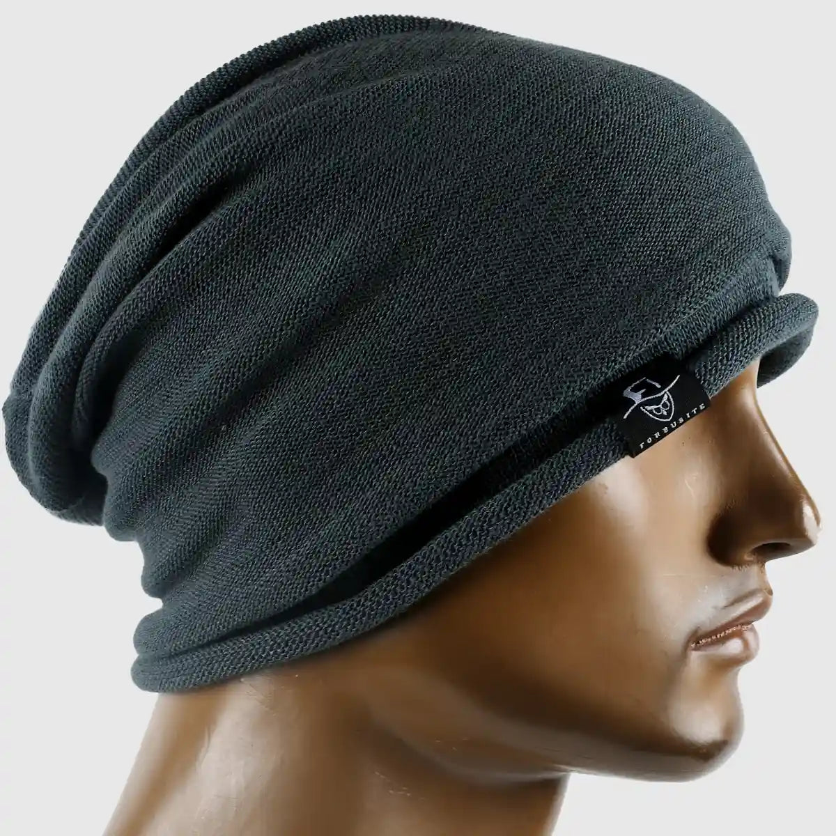 Charcoal gray beanie hat for men and women, stretchable fit, soft knit fabric, comfortable and stylish all-season accessory for casual outfits.