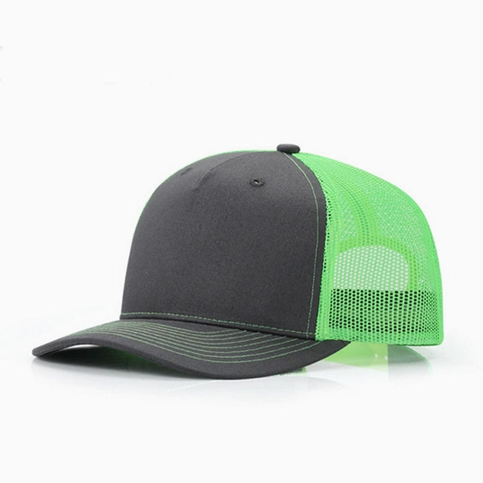 Charcoal and neon green trucker cap with mesh back, offering comfort and sporty style.