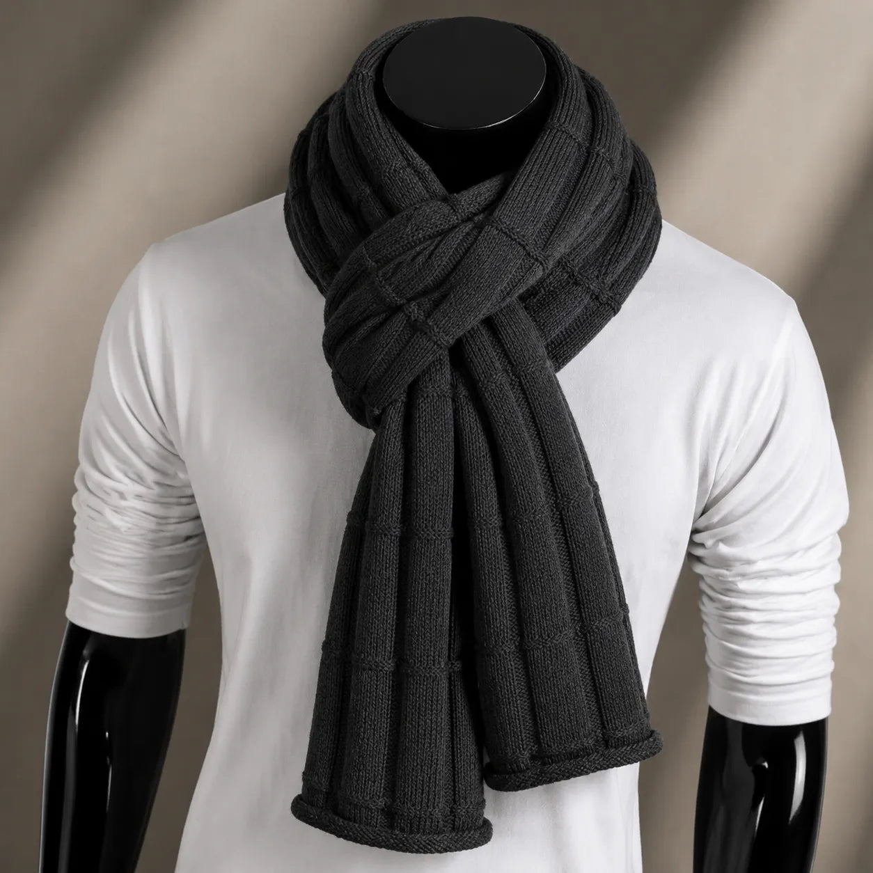 Charcoal grey knit scarf for men and women, soft warm winter essential scarf, minimalist luxury accessory for cold weather outfits and everyday fashion