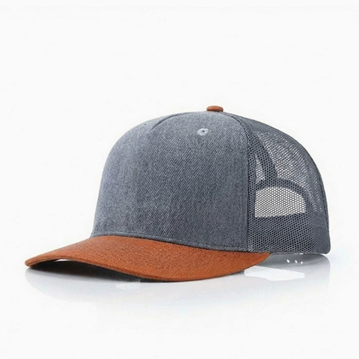 Charcoal grey trucker cap with breathable mesh back, offering comfort and style.