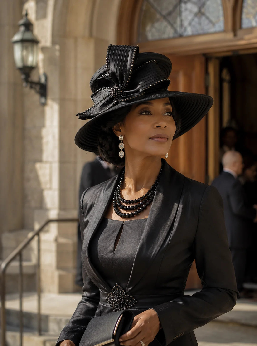 Elegant African American woman wearing black church hat with rhinestone embellishments, paired with formal outfit, perfect for luxury church fashion
