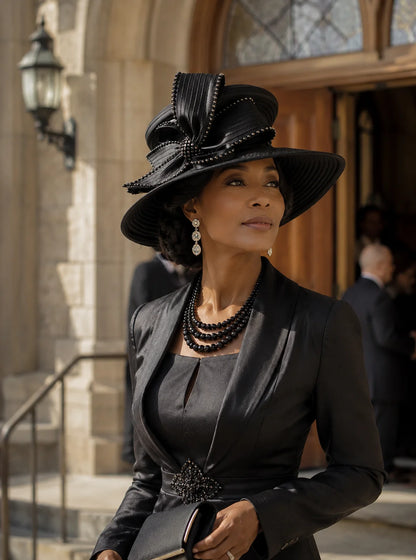 Elegant African American woman wearing black church hat with rhinestone embellishments, paired with formal outfit, perfect for luxury church fashion