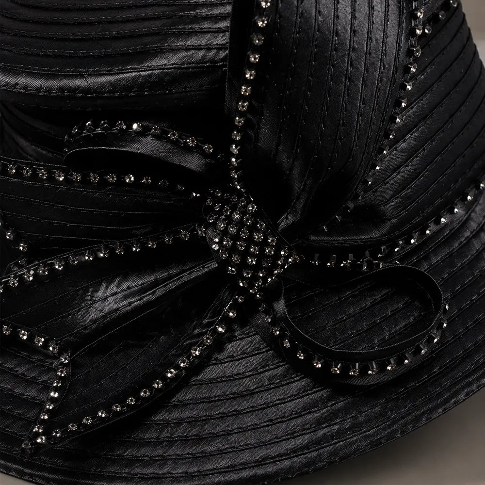Black church hat with satin fabric and sparkling rhinestone bow, elegant formal hat for church events or weddings