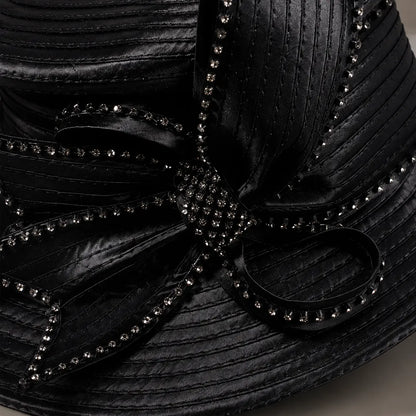 Black church hat with satin fabric and sparkling rhinestone bow, elegant formal hat for church events or weddings