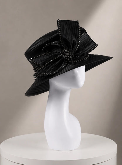 Black church hat on mannequin, side angle view showing luxurious satin fabric and rhinestone bow details, ideal for formal events