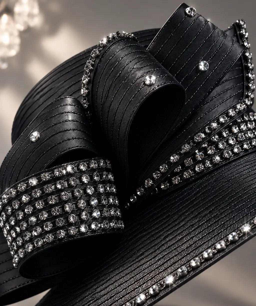 Close up detail of black church hat showing rhinestone embellishments, satin texture and premium craftsmanship